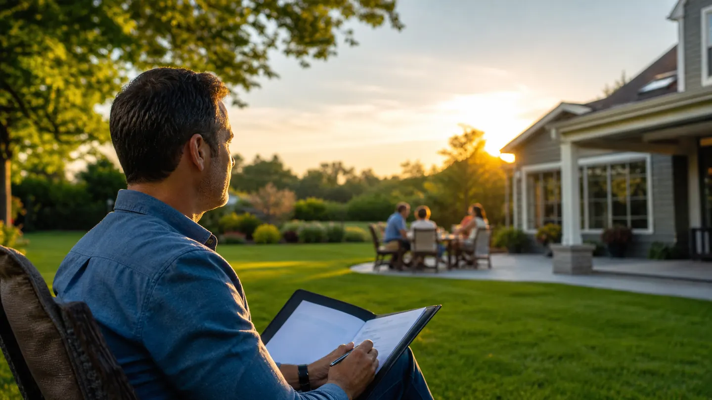 Well-kept backyard at sunset with a homeowner completing maintenance records