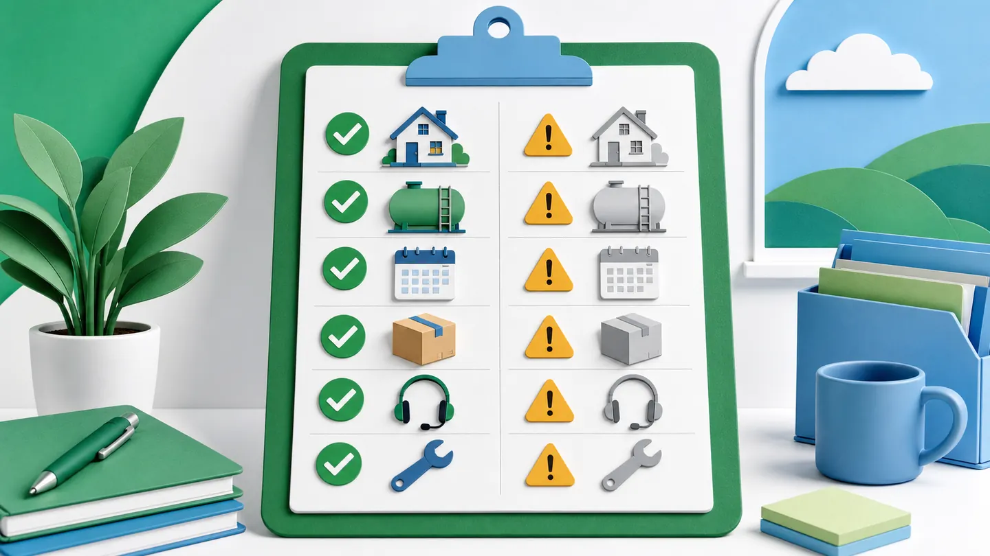Illustrated buyer checklist with home, tank, calendar, shipping, support and inspection symbols