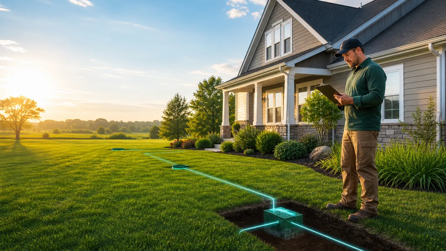 Homeowner reviewing a septic-system maintenance checklist beside a well-kept yard