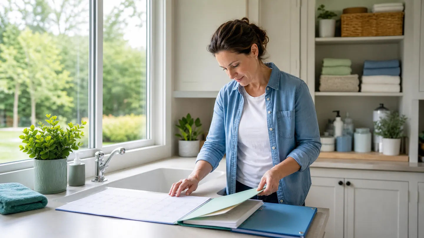 Homeowner organizing a monthly maintenance calendar and household records