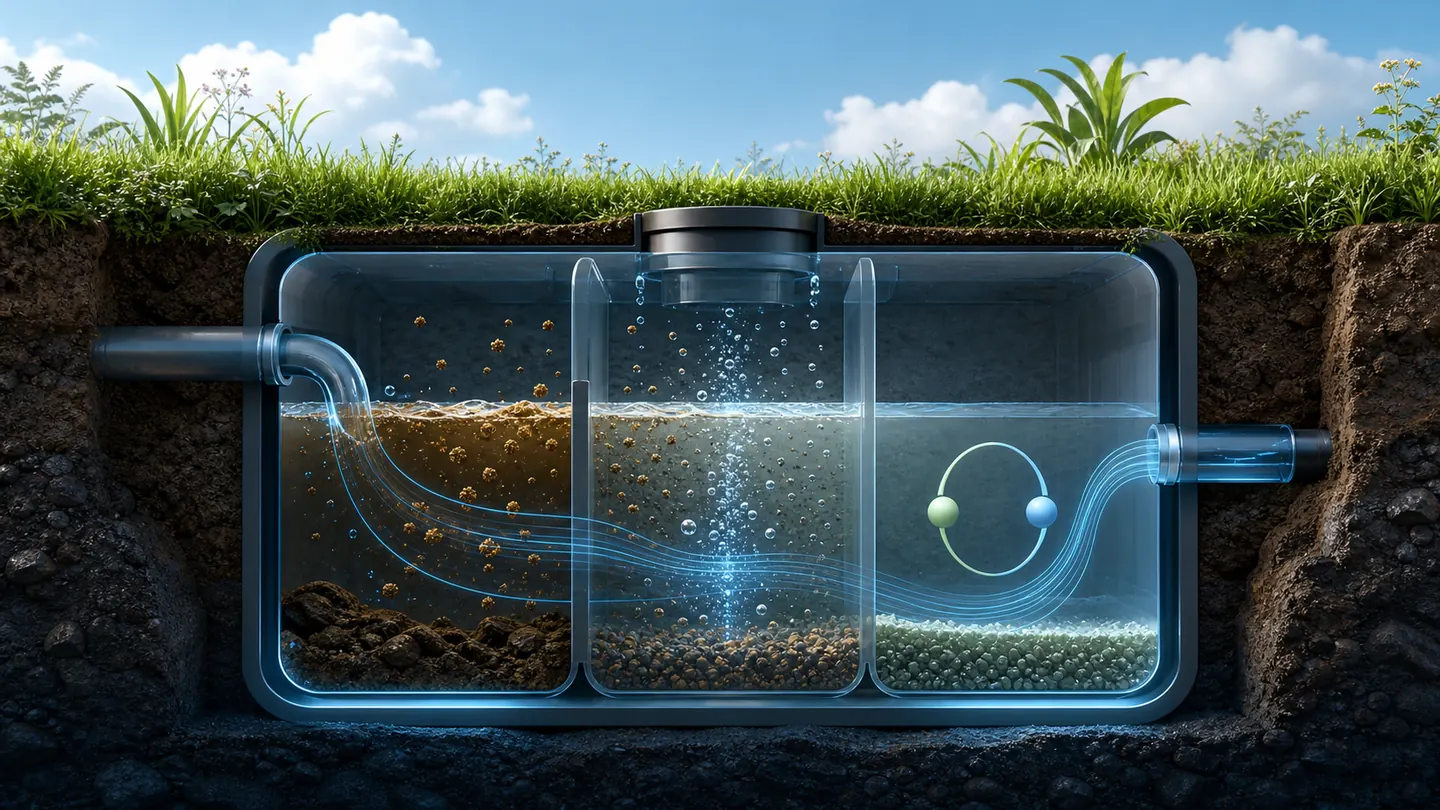 Abstract cutaway illustration of bubbles and flow moving through a septic tank